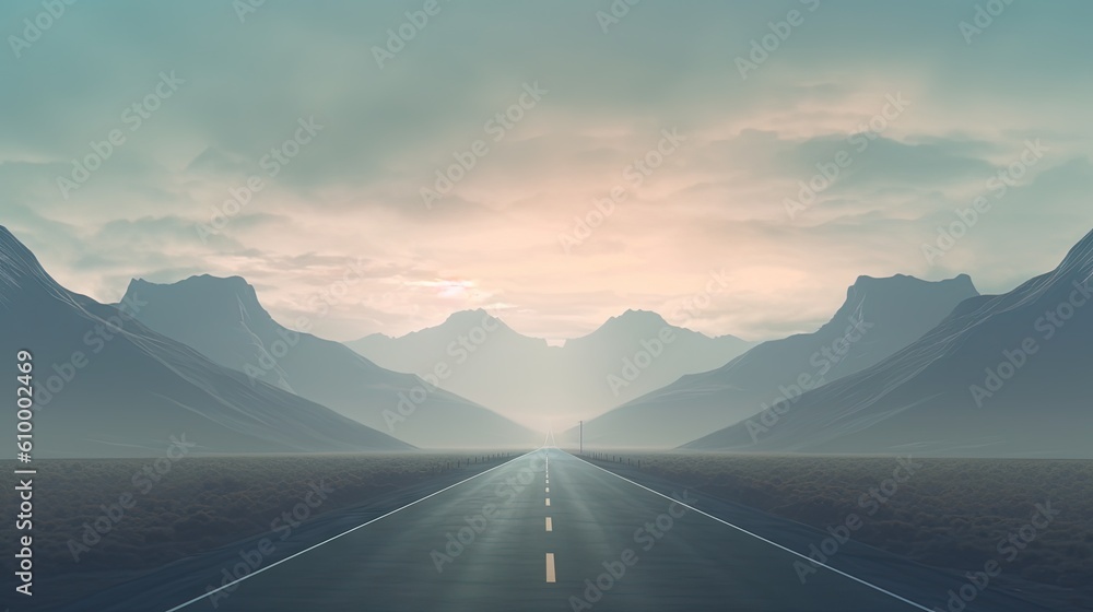 Poster a long road with mountains in the background and a sky filled with clouds. generative ai
