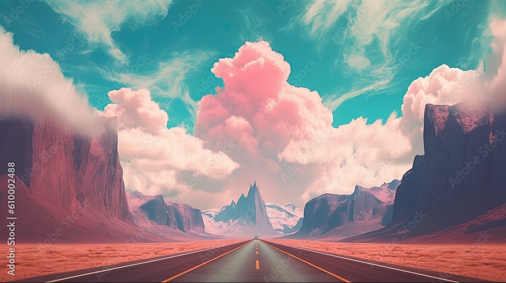 Poster a long road with mountains in the background and clouds in the sky. generative ai