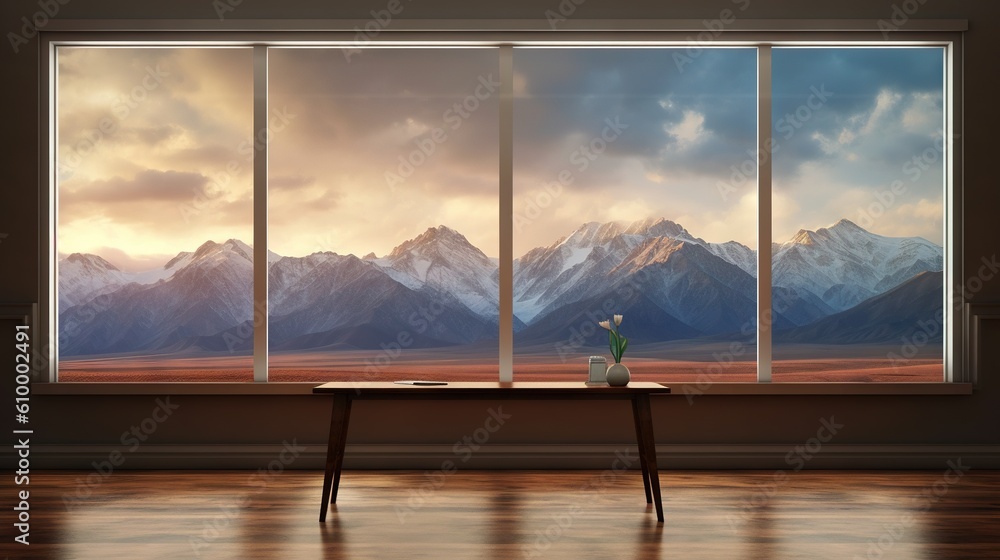 Poster a table with a vase on it in front of a window. generative ai