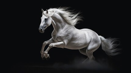 Plakat a white horse is galloping in the dark with its front legs spread. generative ai