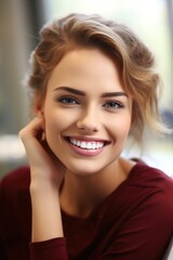 Naklejka premium To advertise a dentist. Portrait of a beautiful girl after a dentist appointment. Dentist. Beautiful smile. Generative ai.
