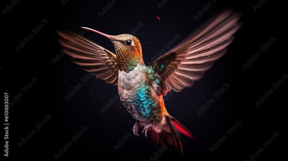 Poster a colorful hummingbird flapping its wings in the dark. generative ai