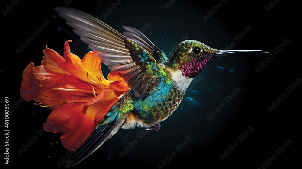 Poster a colorful hummingbird hovering over a flower on a black background. generative ai
