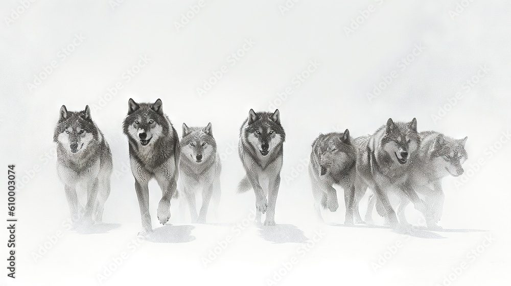 Aufkleber a group of wolfs running through the snow in a line. generative ai