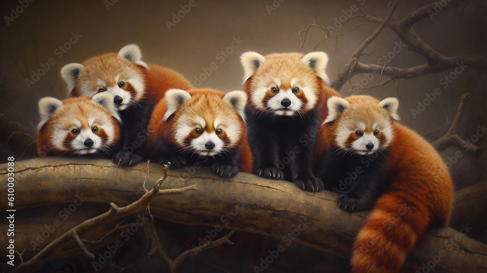 Poster a group of red pandas sitting on top of a tree branch. generative ai