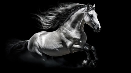 Naklejka na ściany i meble a black and white photo of a horse running in the air. generative ai