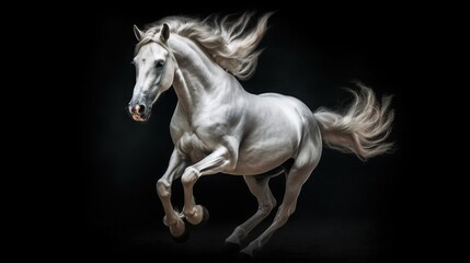 Obraz na płótnie Canvas a white horse is galloping in the dark with its front legs spread out. generative ai