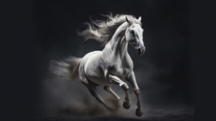 Obraz na płótnie Canvas a white horse is galloping through the air with its tail in the air. generative ai