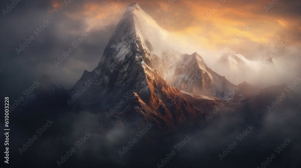 Poster a mountain covered in fog and clouds under a cloudy sky. generative ai
