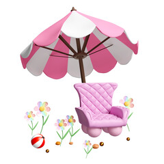 3d sofa chair with pink umbrella or parasol, flower, beach ball isolated . 3d render illustration