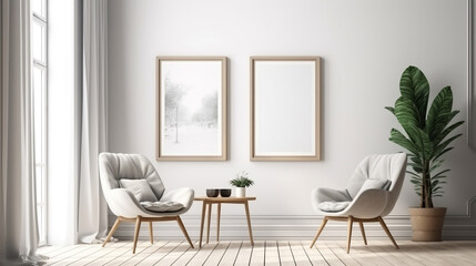 Blank picture frame mockup on white wall Generative AI