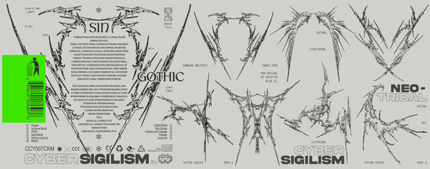 Neo tribal or cyber sigilism shape collection for tattoo, streetwear etc vector set