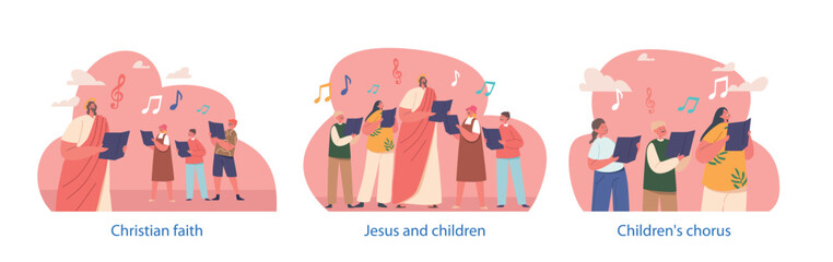 Isolated Elements with Jesus And Children Singing Chorals With Notes In Their Hands, Radiating Joy And Harmony
