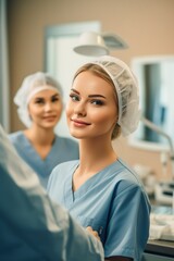 Obraz premium Advertise a dentist. Young female dentist. Place for text. A beautiful smile. Generative ai.