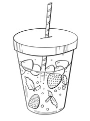contour line illustration summer drink lemonade with strawberry mint and ice bar menu cocktail in a glass with straw design element advertising print sticker coloring book