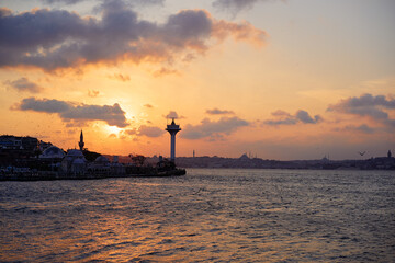 Beautiful sunset in Istanbul. Landscape  Mosque, Bosphorus Turkey