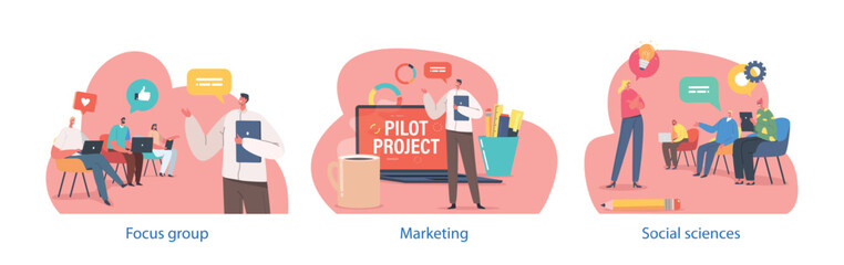 Isolated Elements With Male And Female Characters And Focus Group, Marketing Or Social Science Themes