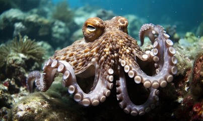  a close up of an octopus on a coral with water in the background.  generative ai