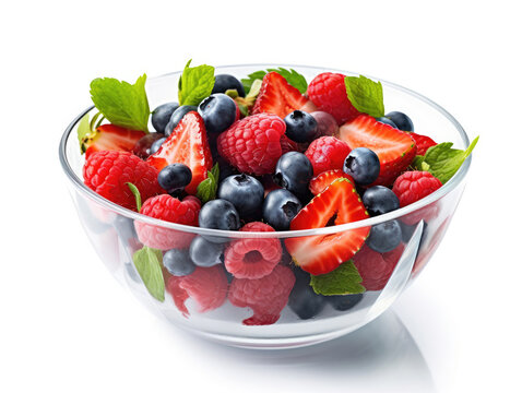Glass bowl of fresh organic berry salad on white background