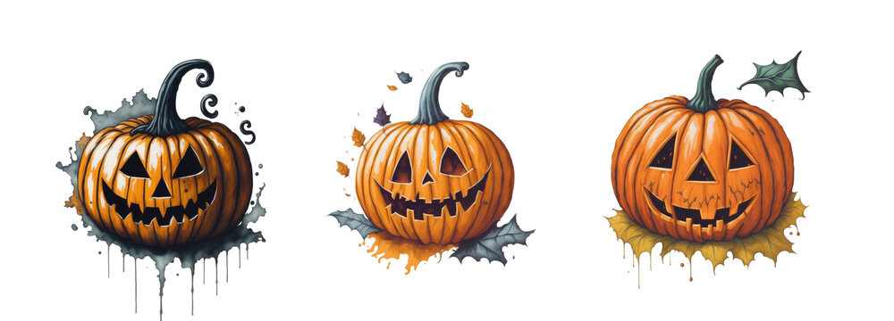 Cute halloween pumpkin watercolor style. Halloween pumpkins wearing witch hat, party elements set isolated on white background