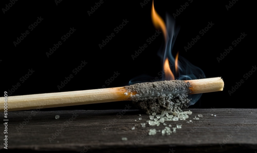 Poster a matchstick with a match lite on top of it with smoke coming out of the top of the match and on the