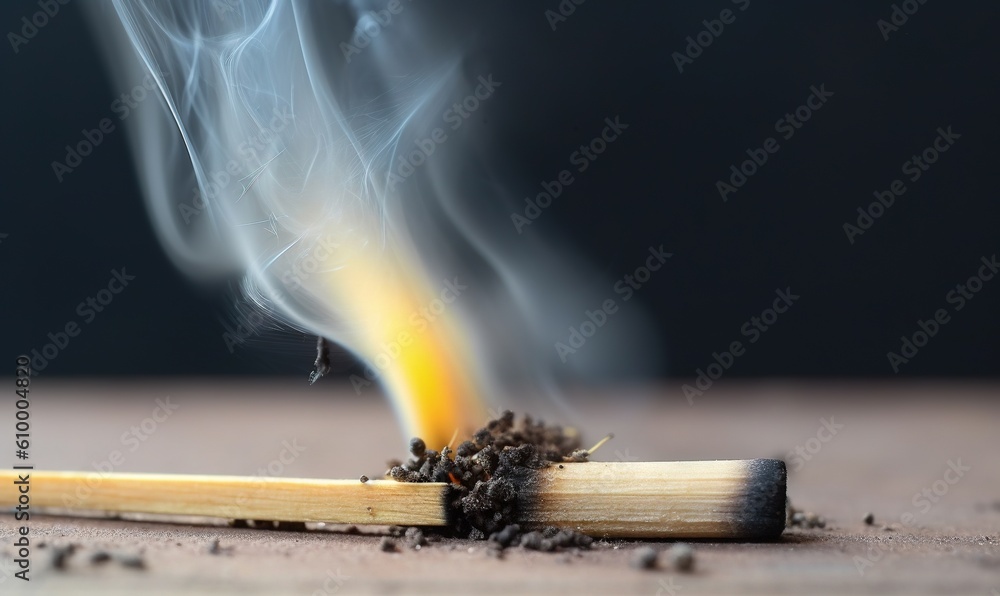 Poster a matchstick with smoke coming out of it on a wooden table with a black background and a yellow matc