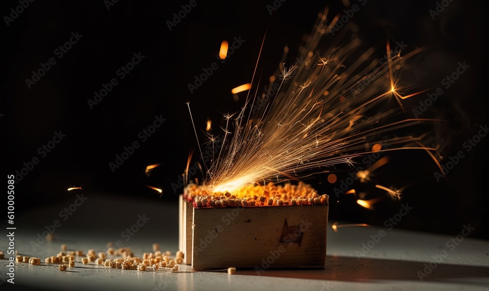 Poster a wooden box filled with lots of sparkles on top of a table next to a box of tiny wooden sticks with