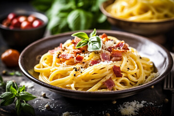 food meat cheese pasta italian carbonara spaghetti sauce meal bacon. Generative AI.