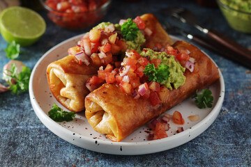 A typical dish of Mexican cuisine - Chimichanga, made of tortilla with different ingredients
