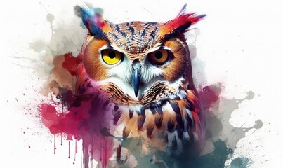  an owl with yellow eyes and feathers on a white background with a splash of paint on it's face and a white background with red, blue, yellow, red, pink, green, orange spots, blue.  generative ai