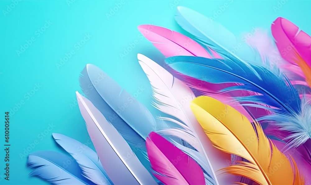Poster a group of multicolored feathers on a blue background with space for a text or a picture or a logo o