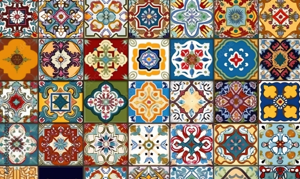 Poster a bunch of different colored tiles with different designs on them, all of which are different colors