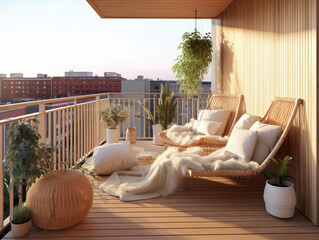 Cozy, minimalistic, modern balcony idea. Comfortable seatings with plants.