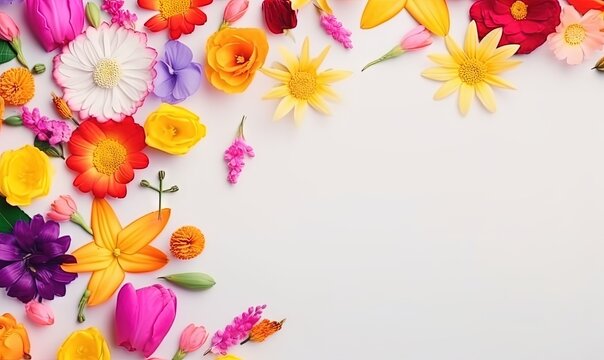  a white background with many different colored flowers and leaves on the bottom of the image is an overhead view of a white surface with a place for text.  generative ai