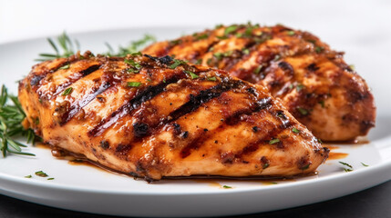 Close up shot of grilled chicken breasts on a plate