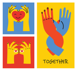 Groovy hippie love set of colorful hands with different gestures. Hands with heart, together hands and etc. Hand drawn vector illustration. Retro happy Valentines day in cartoon style.