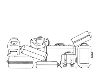 Many different suitcases, bags and suitcases on a white background. Travel and tourism. Copy space. Hand Drawn. Freehand drawing. Doodle. Sketch. Outline.	