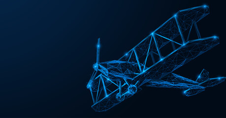 Biplane, flying plane. Polygonal design of interconnected lines and points. Blue background.