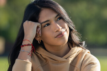 young woman expressing different feelings like happiness, sadness, overwhelmed, irony, mockery,...