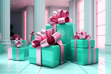 Mint plastic gift boxes with pink bows in interior. Generative AI