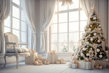 Fototapeta premium Christmas tree and white gift boxes with bows in white interior. Generative AI