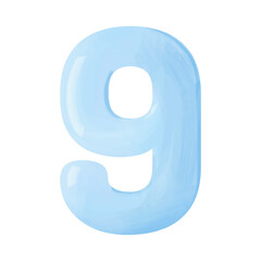 Blue voluminous number figure nine with watercolor effect