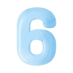 Blue voluminous number figure six with watercolor effect