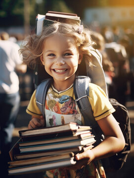 Happy child going to school with new books and notebooks. generative AI.