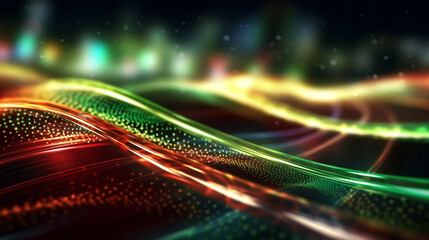 Energetic vibrations: lines of high-speed neon light waves create a dynamic movement of intense and bright colors: red and green. generative AI,