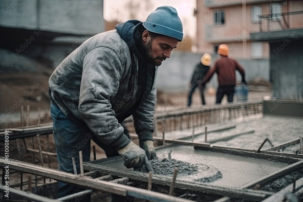 Poster worker levels a fresh concrete slab with a special working tool to evenly fill a column made of meta