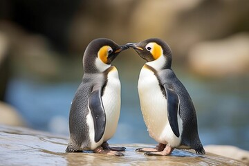 Naklejka na ściany i meble Two Penguins Engaging in Conversation among Group on Rocky Beach - AI Generative