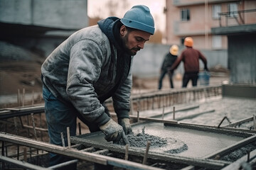Fototapeta na wymiar Worker levels a fresh concrete slab with a special working tool to evenly fill a column made of metal rods connected by wire, created with Generative AI