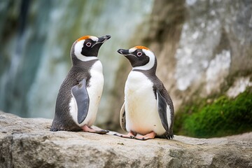 Two Penguins Engaging in Conversation among Group on Rocky Beach - AI Generative