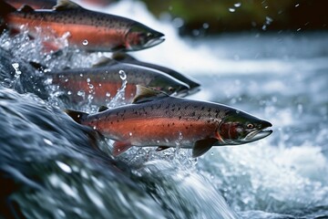 Group of Salmon Swimming Upstream in Rushing River.